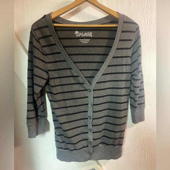 Splash black grey striped vneck button front lightweight Cardigan junior large - Picture 3 of 5